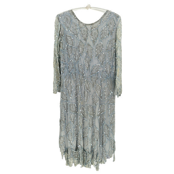 Vintage Laurence Kazar Silk Sequin‎ Beaded Illusion Sleeve Flapper Prom Dress - Picture 1 of 15